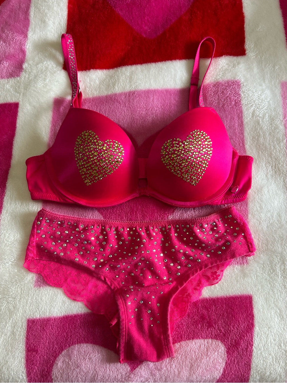 RETIRED PINK rhinestone heartbreaker push-up bra and panty set